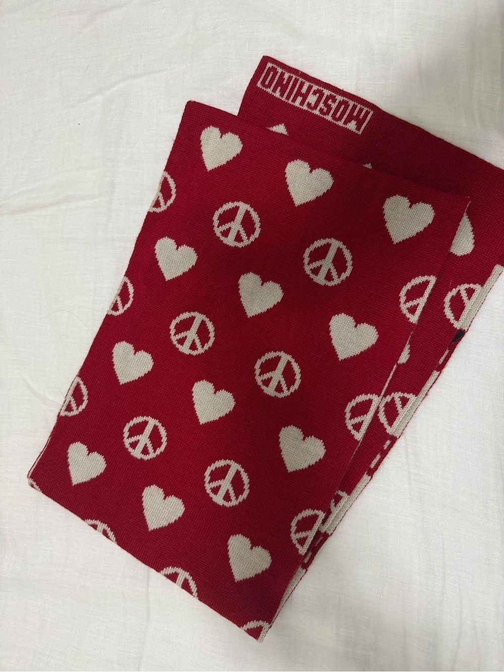 Moschino Peace and Love Hearts Wool Blend Scarf Red & Cream